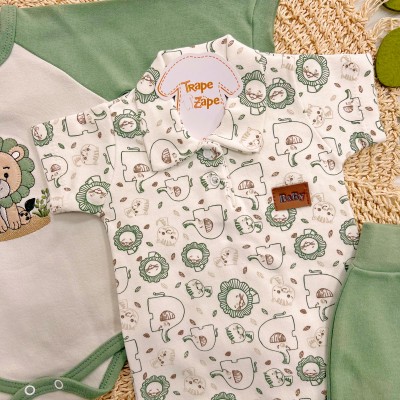 Conj. de Malha 3 peças - Leãozinho com Jubinha e Safari - Verde e Off White
